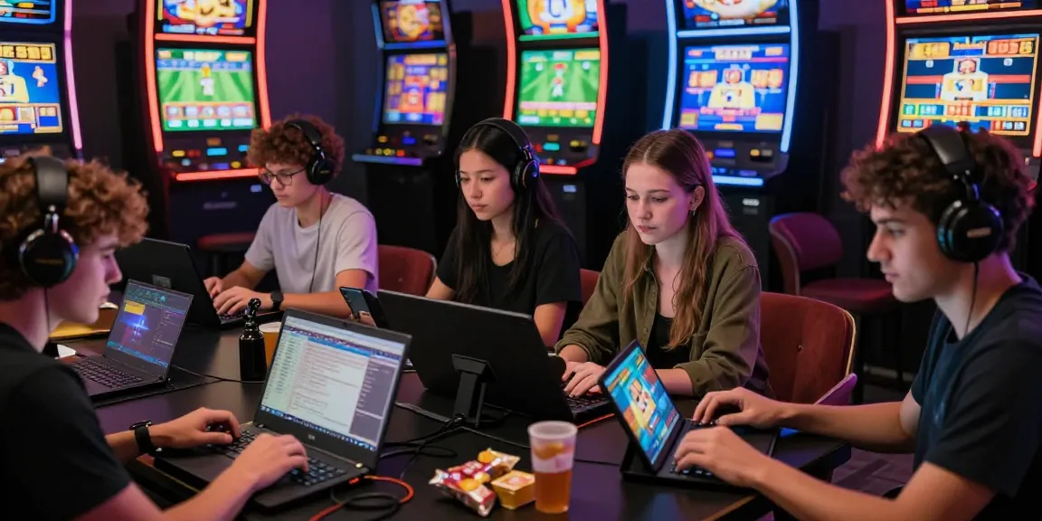 Engaged players enjoying KK55 online gaming experience with diverse devices and vibrant background.