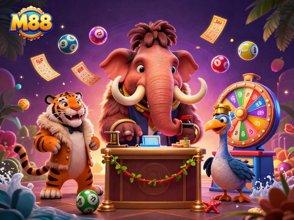 M88 promotes excitement with a vibrant casino scene featuring a mammoth bouncer, vibrant game elements, and a saber-tooth VIP.