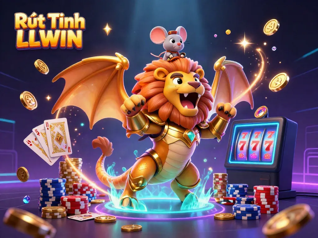 Get ready to win with Rút Tiền LLWIN in an exciting casino scene featuring a roaring chimera and vibrant game elements for thrilling play.