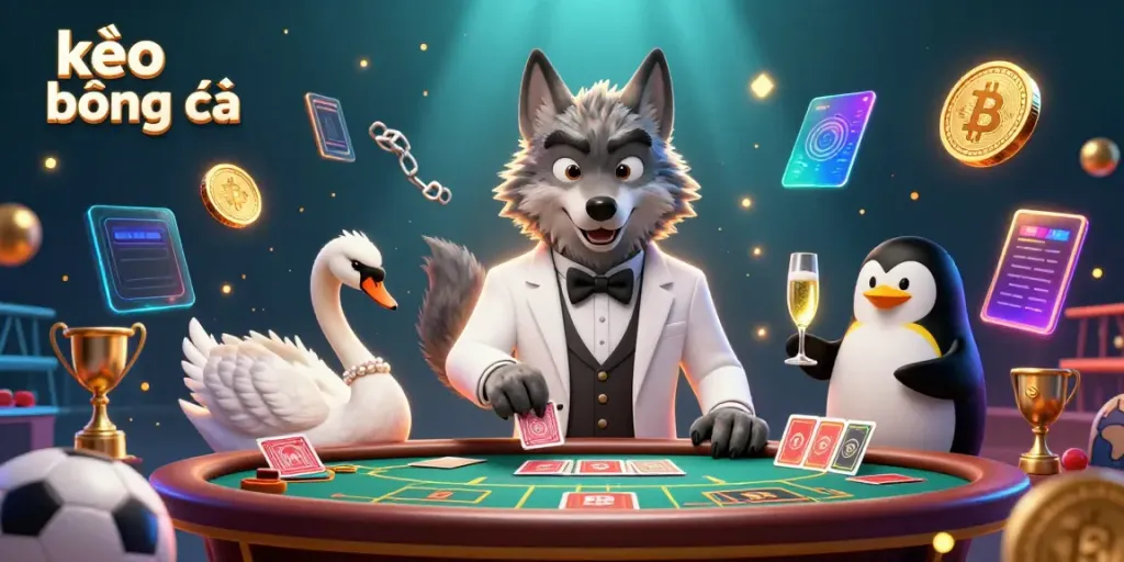 Engaging scene with kèo bóng đá theme featuring a debonair wolf, elegant swan, and sophisticated penguin in a sports betting atmosphere.