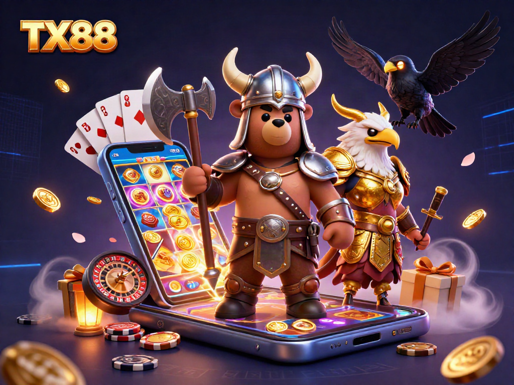 Engage in the TX88 gaming adventure with a Viking bear and Valkyrie eagle amidst exciting casino elements.