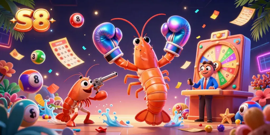 Engage with S8's vibrant lottery scene featuring colorful lottery balls, bingo cards, and animated gaming elements for an exciting gaming experience.