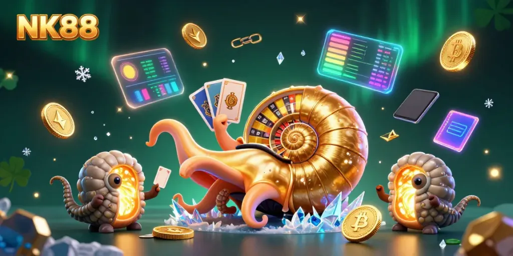 Engage with NK88's vibrant casino experience featuring a giant nautilus and crypto elements.