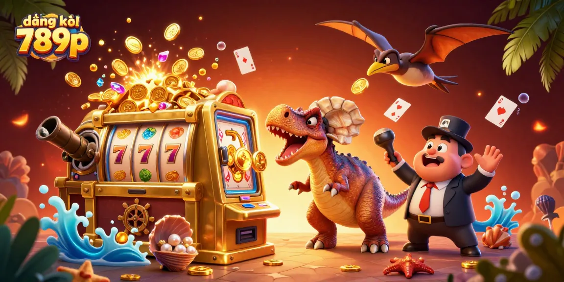 Join the fun at đăng ký 789p with a cartoon dinosaur winning a jackpot on a golden slot machine!
