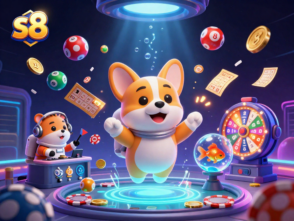 Experience the thrill of s8 casino with floating tokens and vibrant lottery balls in a space-themed illustration.