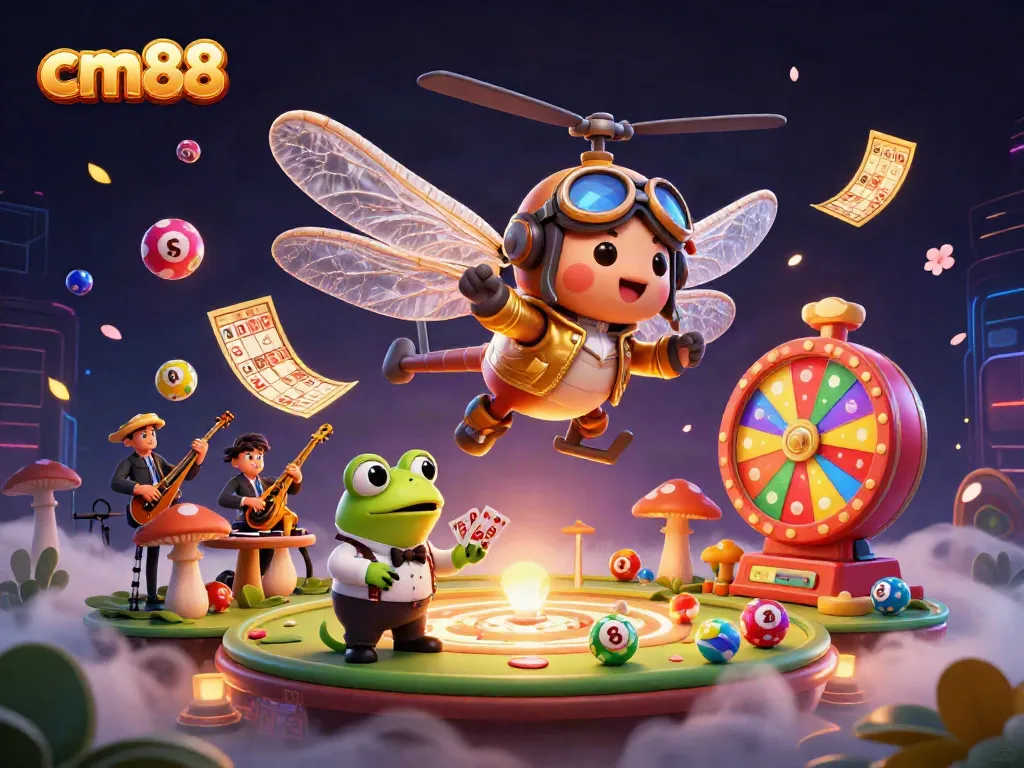 Experience dynamic gaming at cm88 with dragonfly pilots and a frog croupier in a vibrant casino.