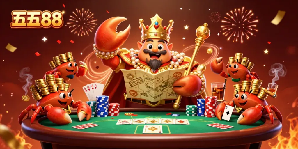 Experience the thrill of gaming at five88 with a vibrant scene of a golden crab emperor presiding over a lively poker setting.