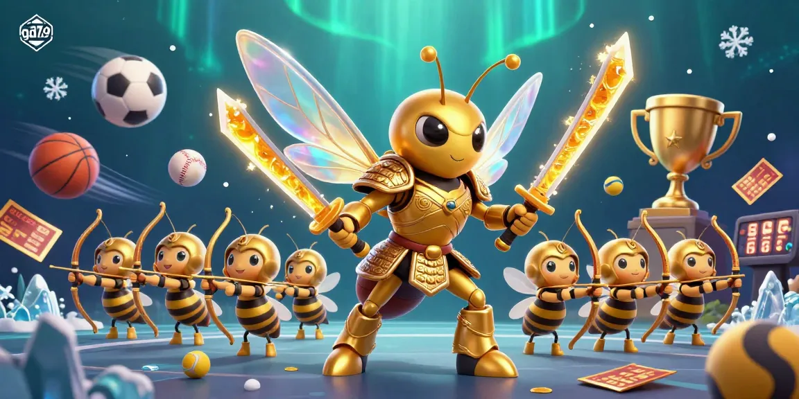 Betting on ga179 with giant hornet warrior in samurai armor among vibrant sports elements.