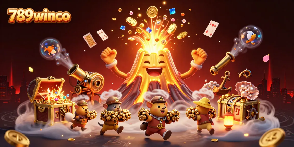 Win big at 789winco with a golden volcano erupting treasure and lively game elements