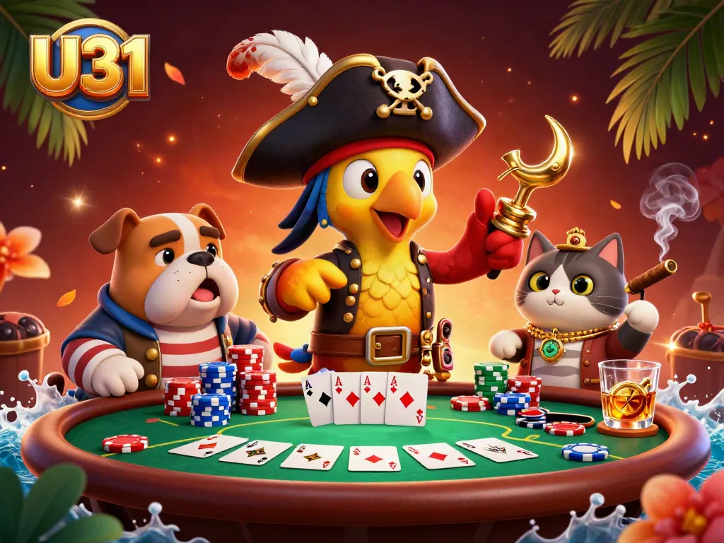 Engage in U31 casino thrills with a colorful pirate-themed poker scene