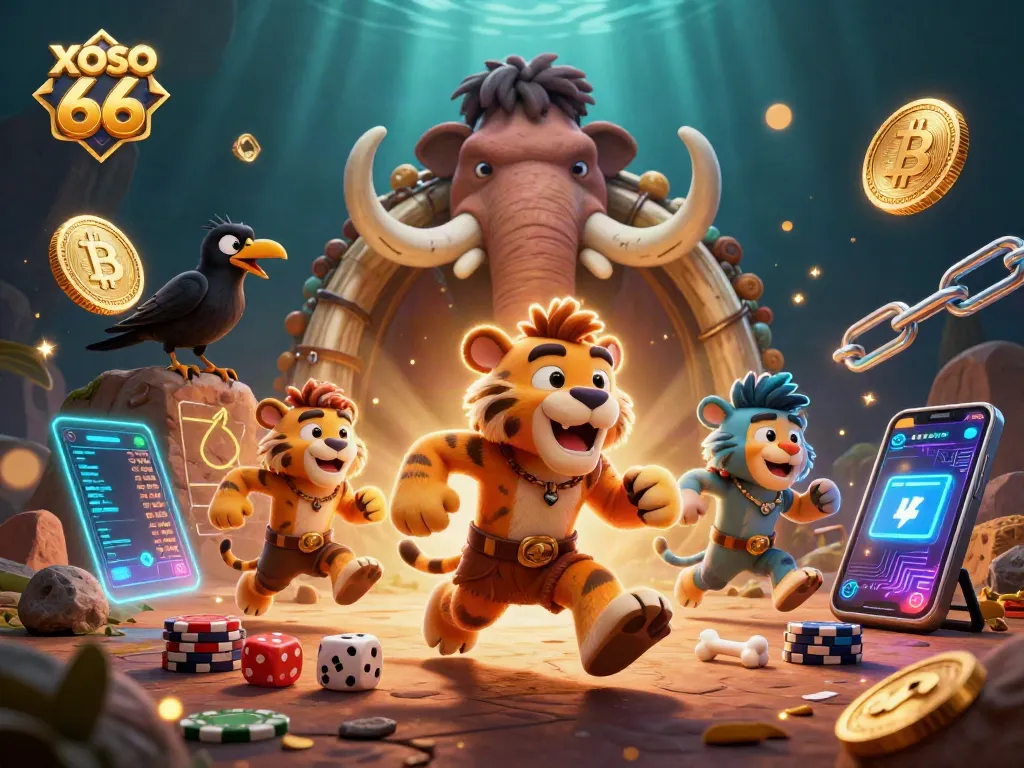 Engage in thrilling casino games at XOSO 66 with immersive prehistoric characters and dynamic neon elements.