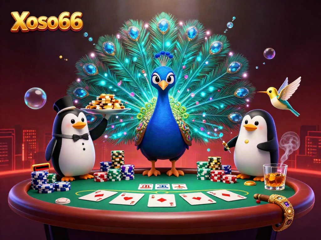 Experience vibrant gaming excitement with Xoso66 featuring a peacock, penguin, and hummingbird at a dynamic poker table.