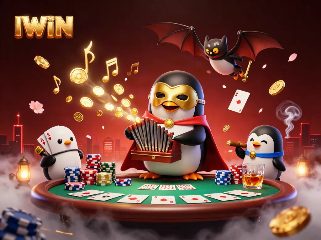 Experience IWIN with a cartoon penguin playing a pipe organ in a vibrant casino scene.
