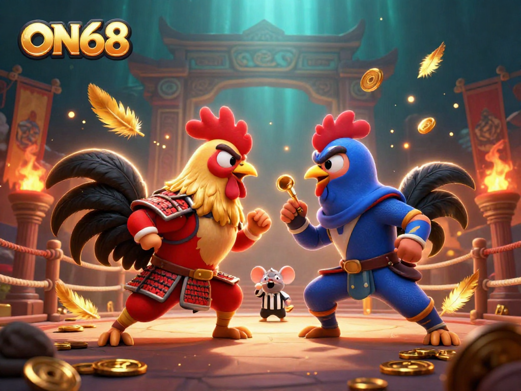 Roosters clash in an energetic ON68 casino battle featuring gold coins and dynamic feathers in play.