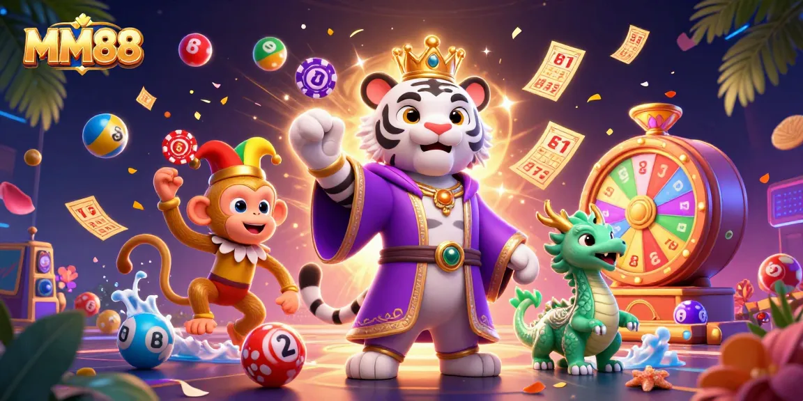 MM88's vibrant lottery scene featuring animated characters in a lively casino atmosphere