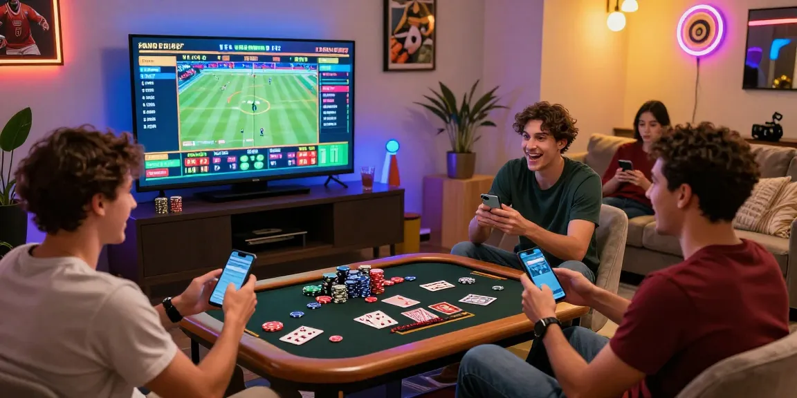 Friends engaged in a lively gambling experience while using ok 8386 for online betting.