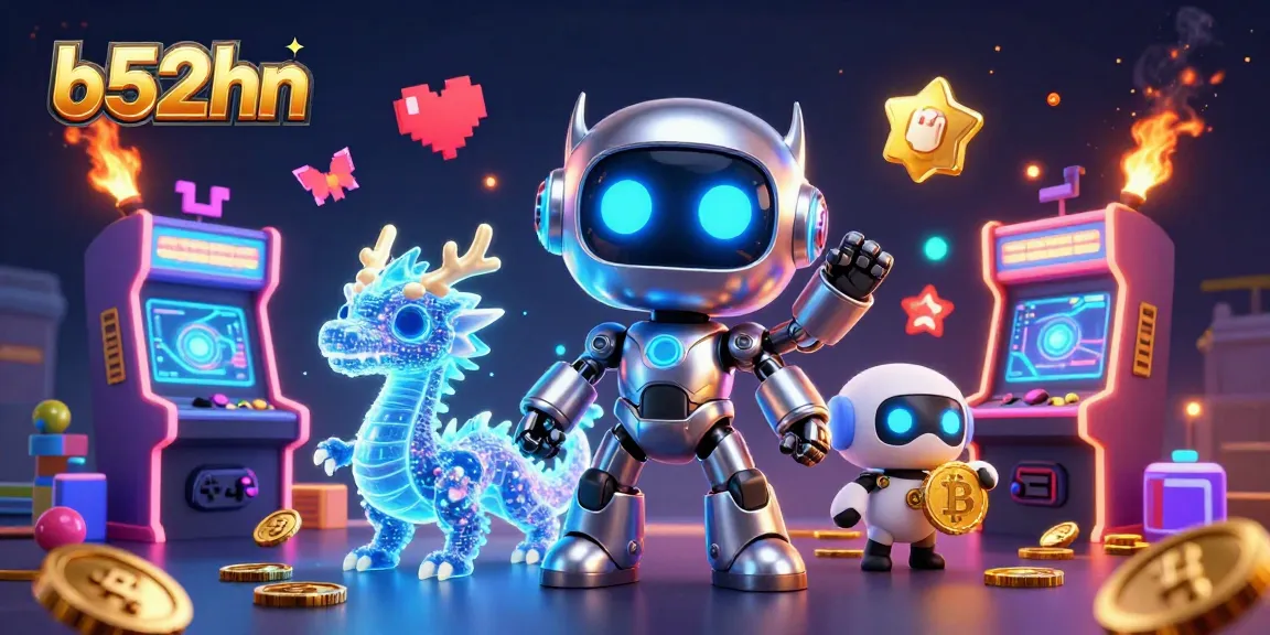 Engage with thrilling gaming at b52hn featuring advanced robot mascots in a vibrant casino scene.