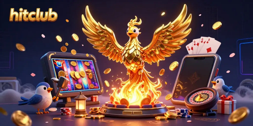 Experience the thrill of hitclub with a golden phoenix surrounded by vibrant casino game elements.