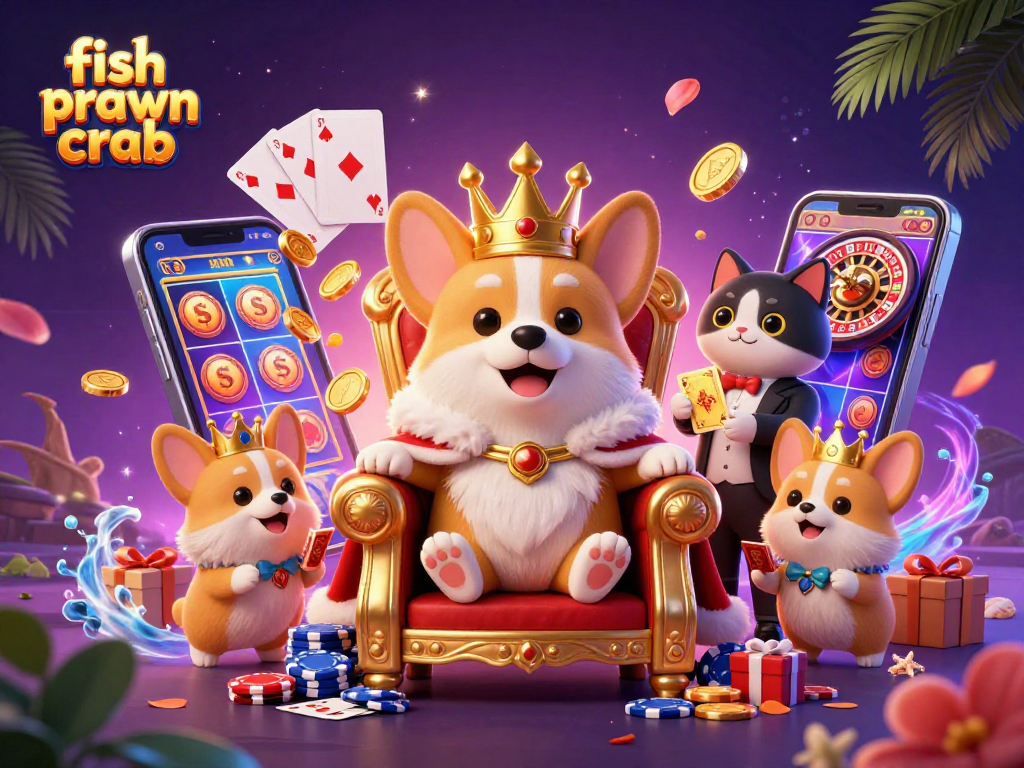 Experience the thrill of fish prawn crab with vibrant slot game action, royal corgi characters, and dynamic casino elements.