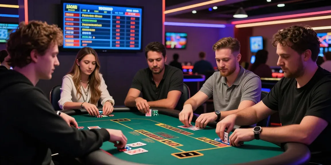 LUCK8 Casino vibrant gaming scene with diverse players enjoying live dealer games surrounded by neon lights.