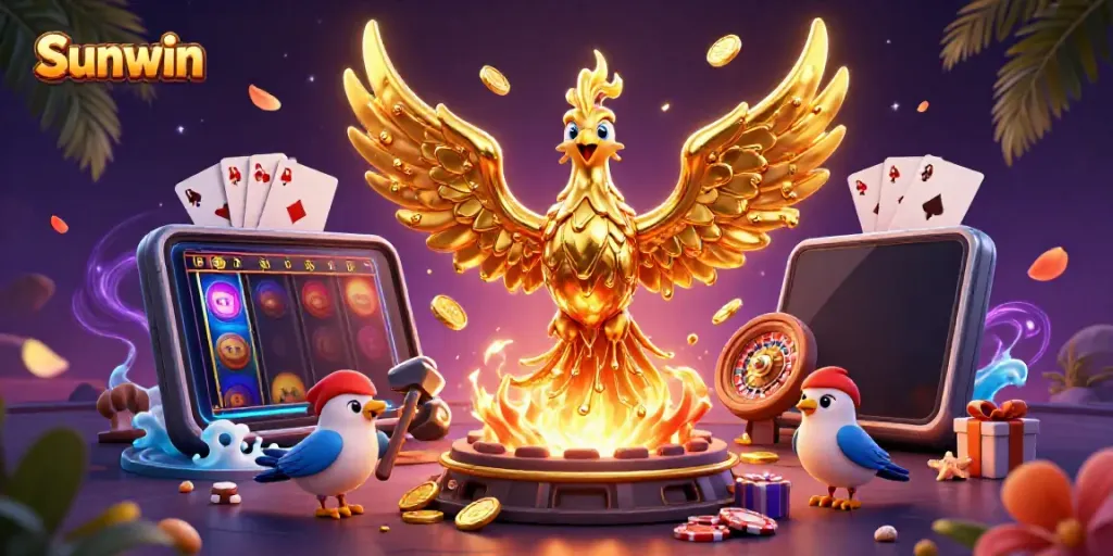 Experience the allure of Sunwin with a dynamic golden phoenix and colorful gaming elements.