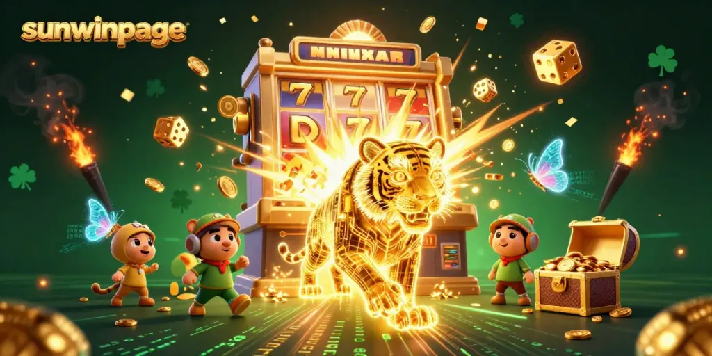 Engage with the thrilling energy of sunwinpage in this vibrant casino illustration featuring a neon tiger and jackpot celebrations.