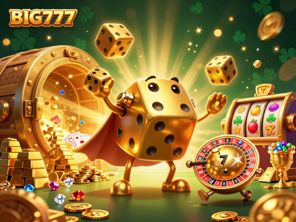Experience the excitement of BIG777 with dynamic golden dice and slot elements in a vibrant casino scene.