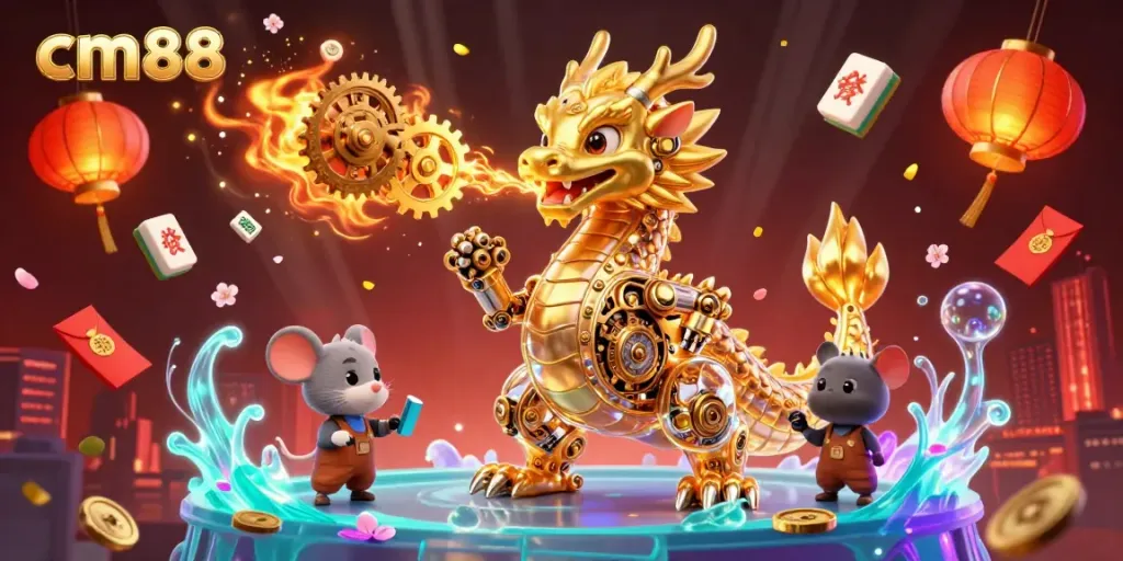 Experience exhilarating gameplay at cm88 with an enchanting 3D dragon breathing gears amidst vibrant casino elements.