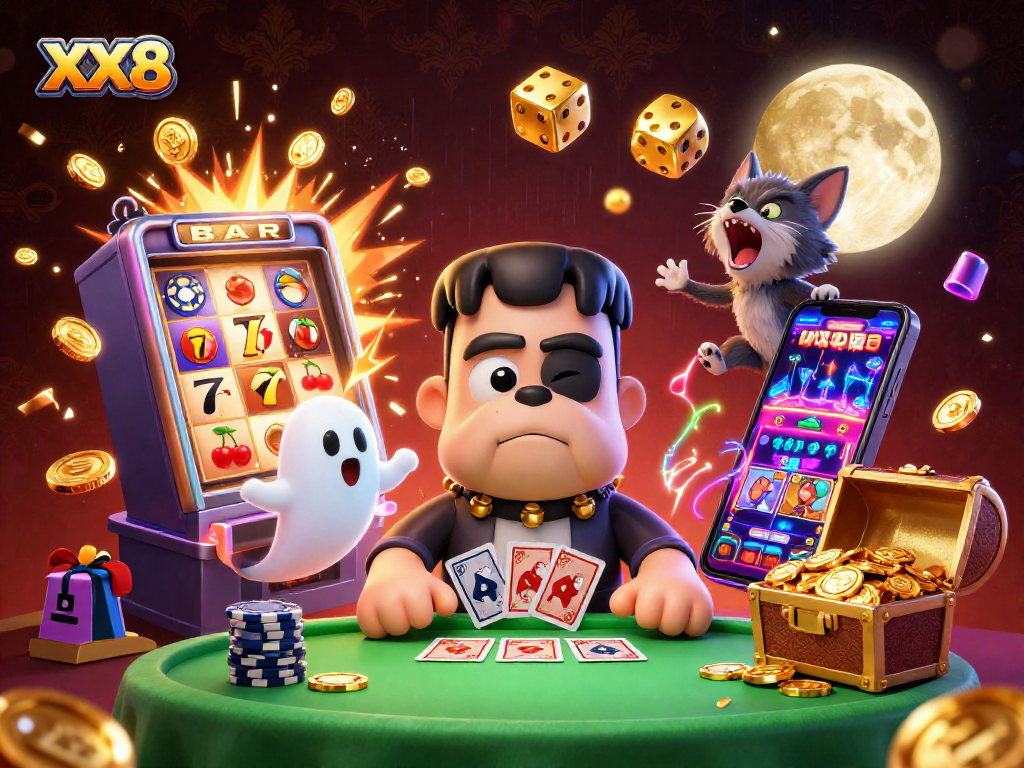 Join the action at XX8 with a spooky casino scene featuring unique characters and vibrant game elements.