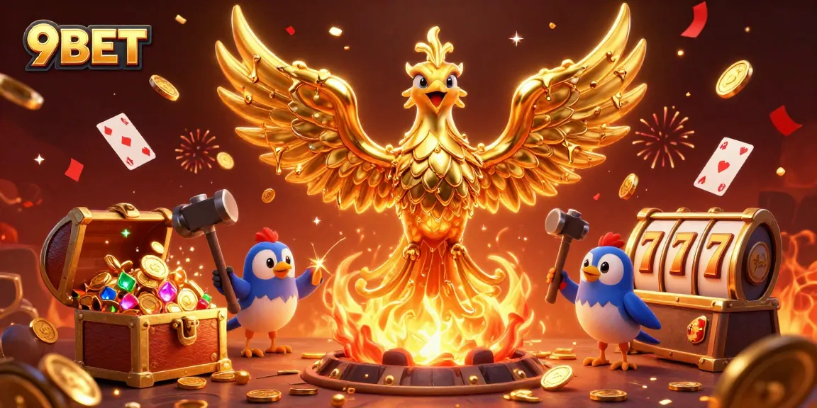 Engage with thrilling 9BET gaming as a golden phoenix emerges, symbolizing jackpot wins in an exciting online casino.