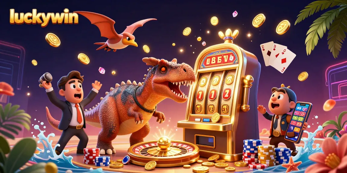 Engage in the luckywin experience with dinosaurs at a vibrant casino jackpot scene.