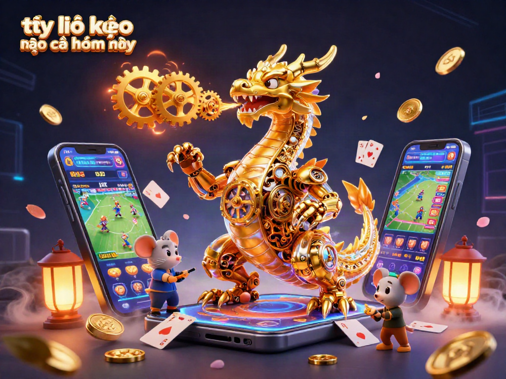 Tỷ lệ kèo nhà cái hôm nay displayed as 3D illustration with a dragon and sports betting elements.