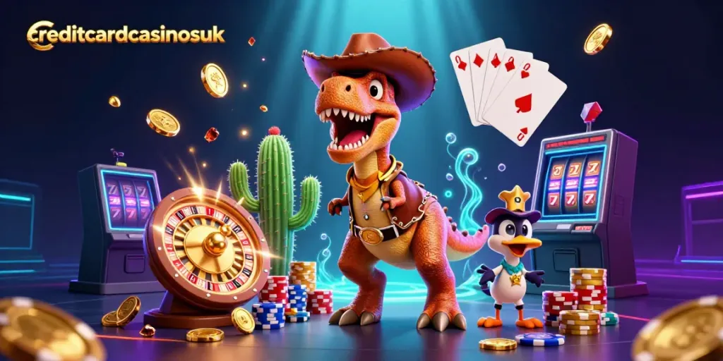Experience excitement at creditcardcasinosuk with a playful cowboy dinosaur and vibrant casino elements.