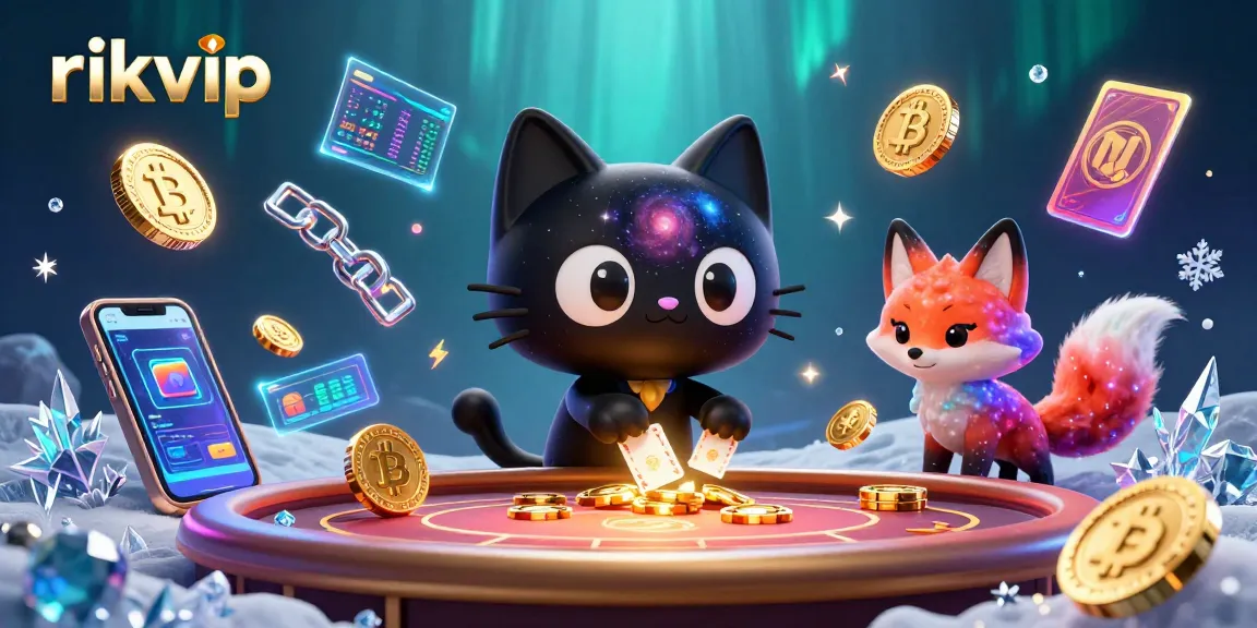 Play exciting games with rikvip, where a cosmic cat and vibrant fox win big at the casino table.