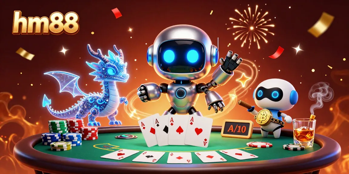 Join the fun with hm88 at an exciting poker table, surrounded by colorful chips and neon characters.