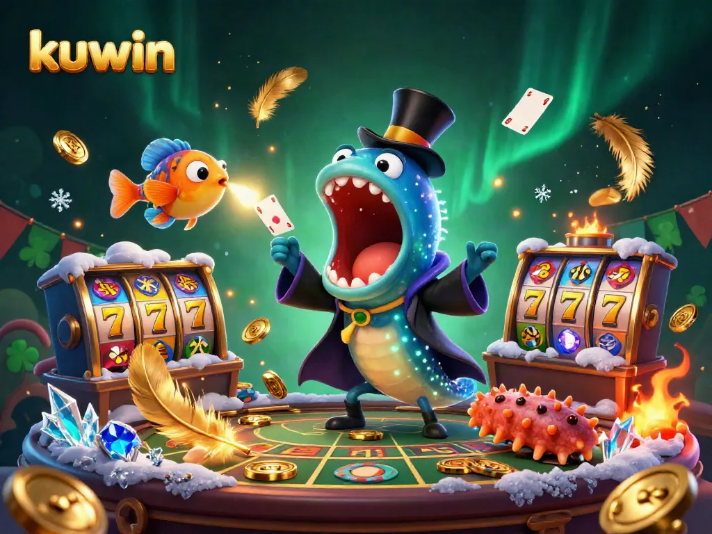 kuwin-themed illustration showcasing a gulper eel magician performing card tricks surrounded by dynamic casino elements.