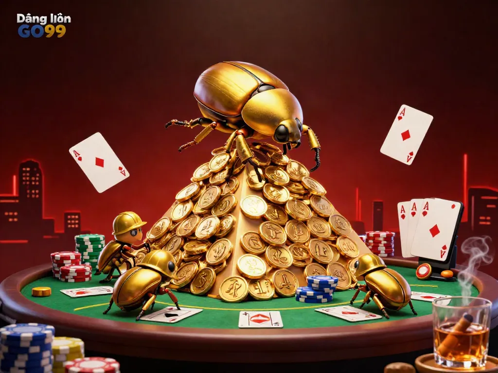 Experience seamless Đăng nhập GO99 with the vibrant casino-themed illustration of golden beetles and poker elements.