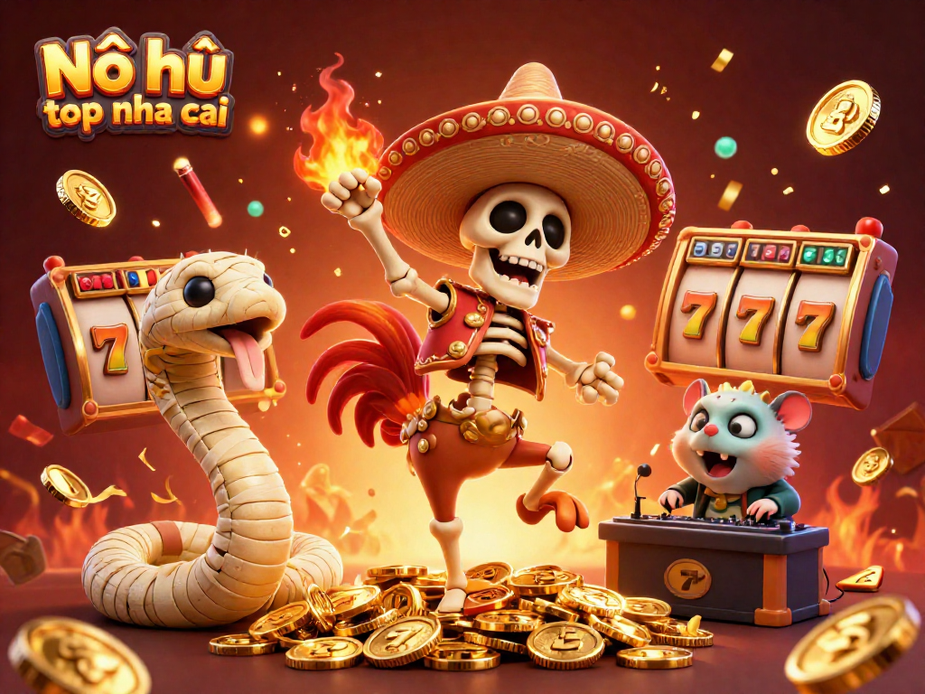 Nổ hũ top nha cai celebrates with a vibrant 3D illustration featuring a mariachi rooster, a mummy snake, and a DJ hamster surrounded by jackpot symbols.