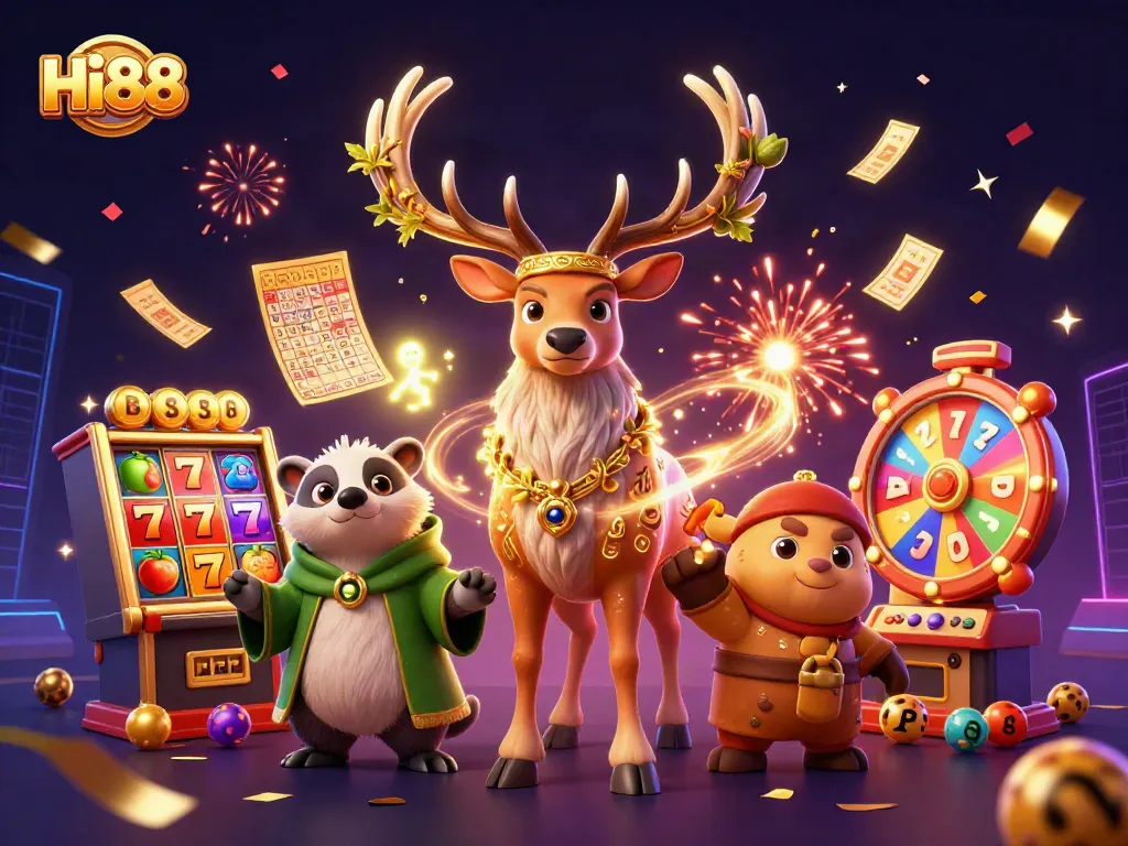 Experience thrilling gaming with Hi88 as colorful slot elements and characters energize the casino scene.