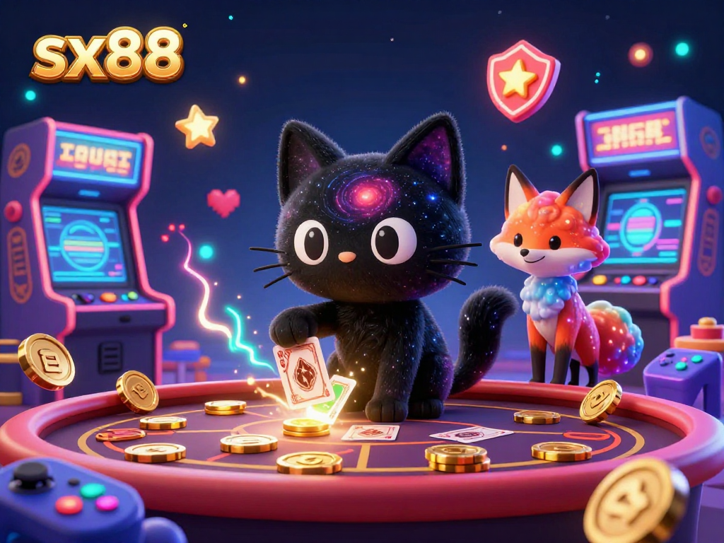 SX88 cosmic casino illustration featuring a black hole cat captivating golden chips and cards in a vibrant gaming scene.