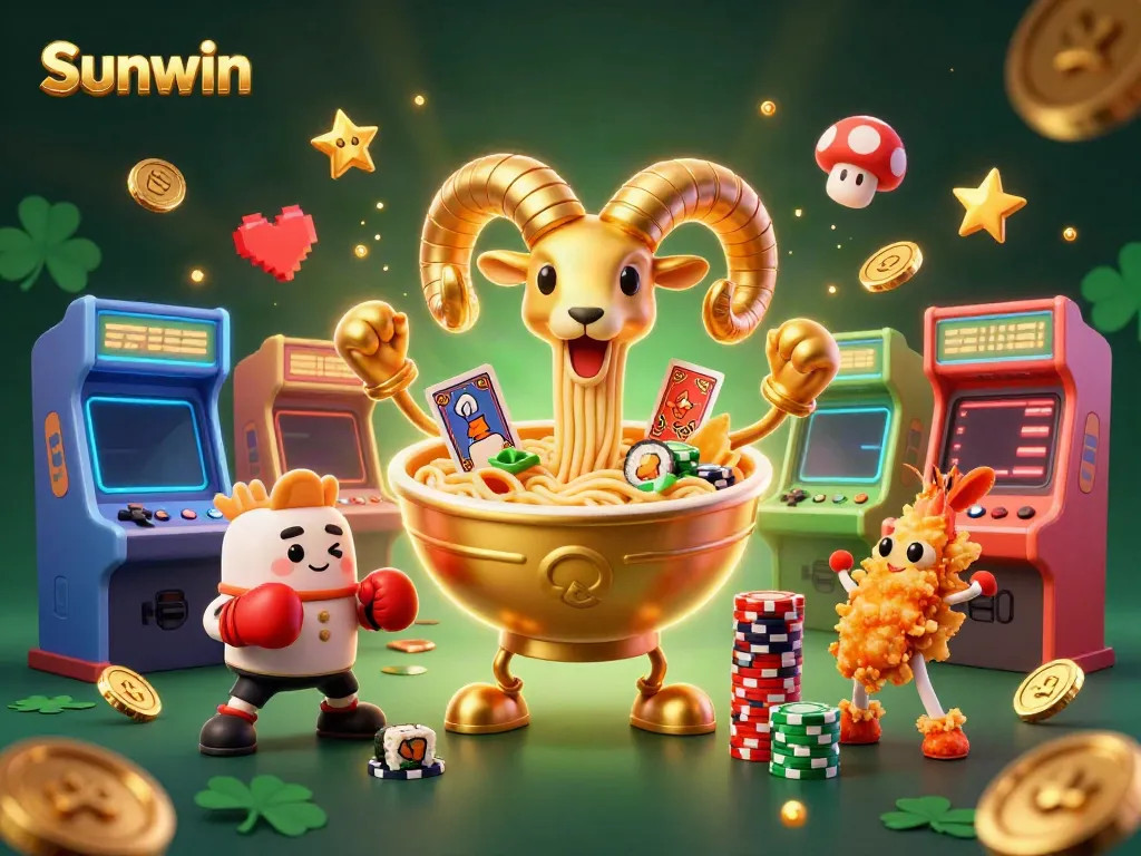 Engage in the thrilling world of Sunwin with vibrant casino scenes featuring unique characters and games.