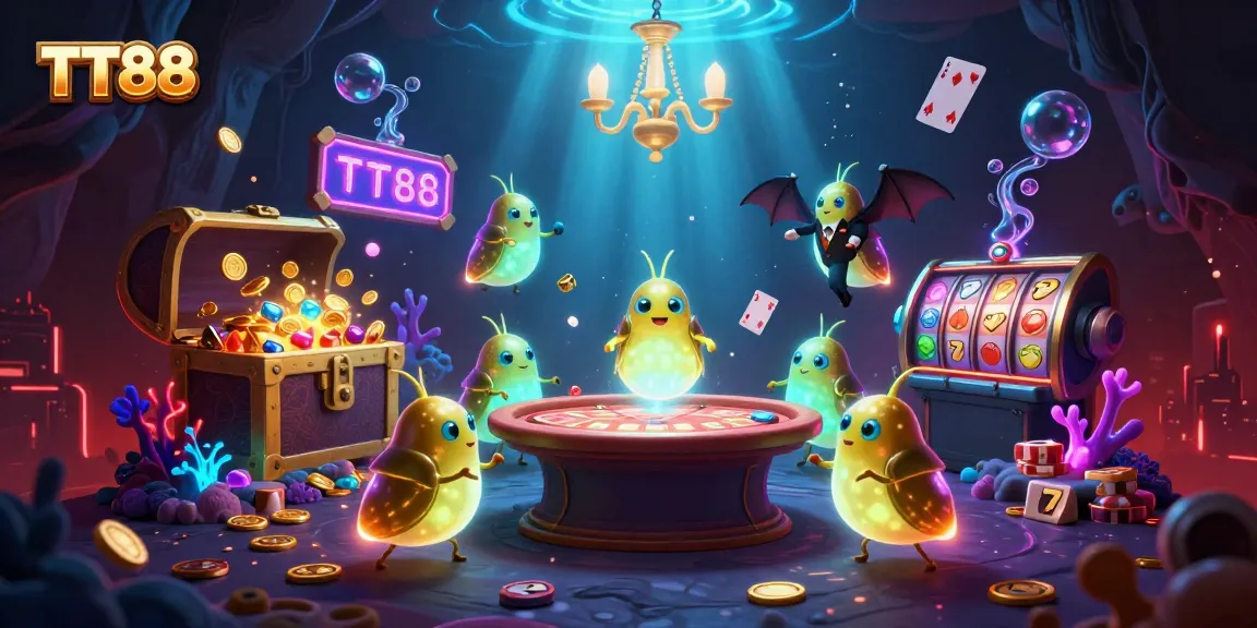 Experience TT88's vibrant cave casino with glowing glowworms and captivating gaming elements.