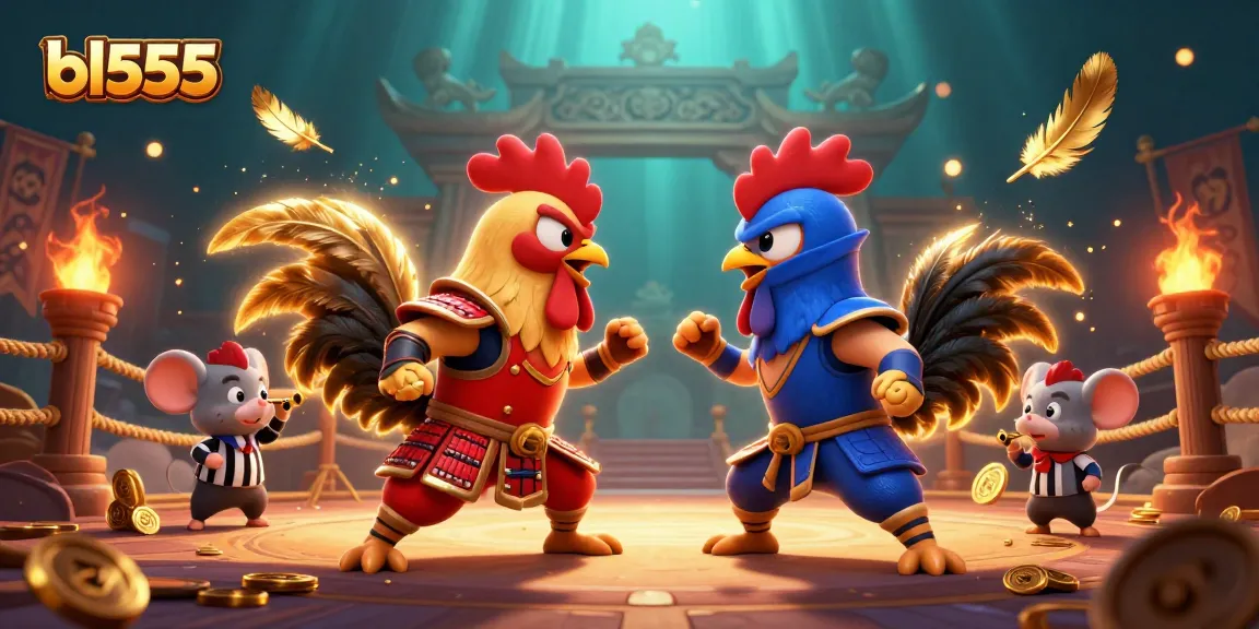 Engage in thrilling gameplay at bl555 with this dynamic scene of fighting roosters and dazzling casino elements.