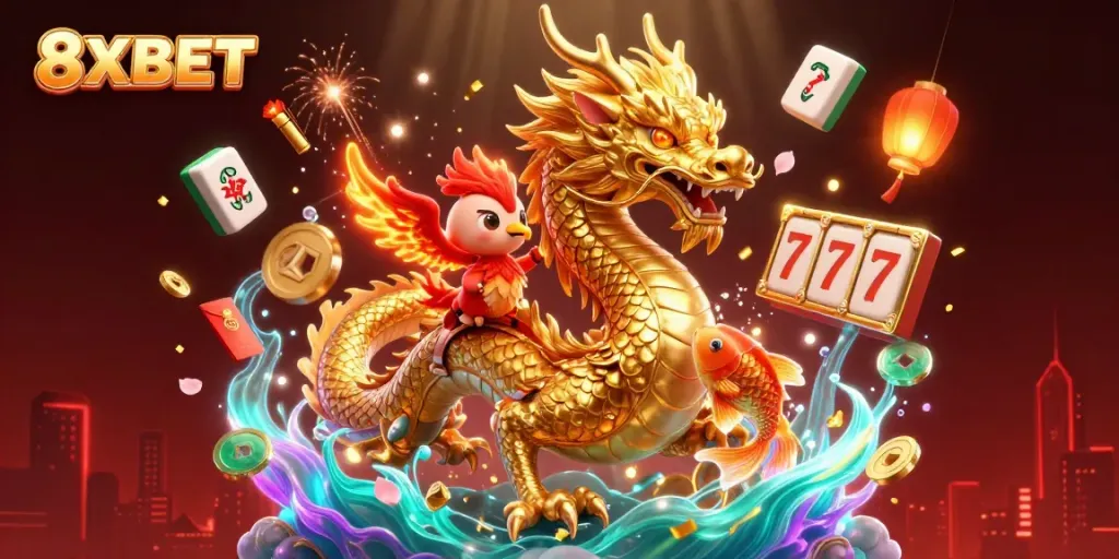 Experience the thrill of 8XBET with vibrant dragons and slots in a colorful casino scene.