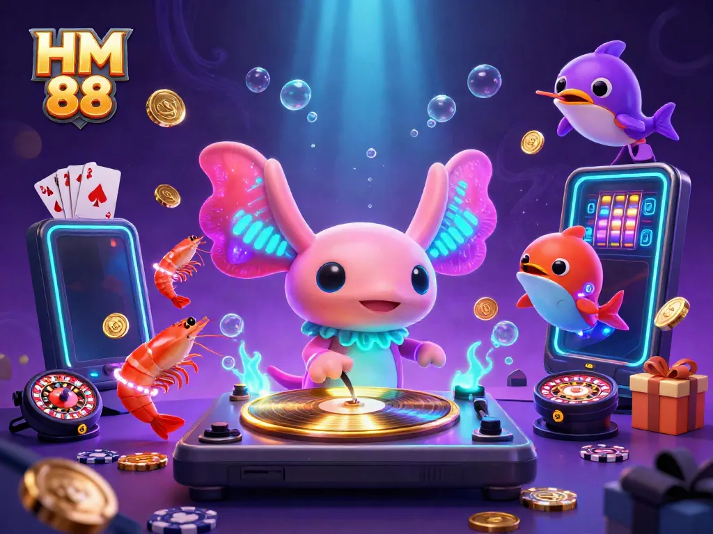 Experience a vibrant casino atmosphere at HM 88 with a neon axolotl DJ spinning slots and exciting game elements.