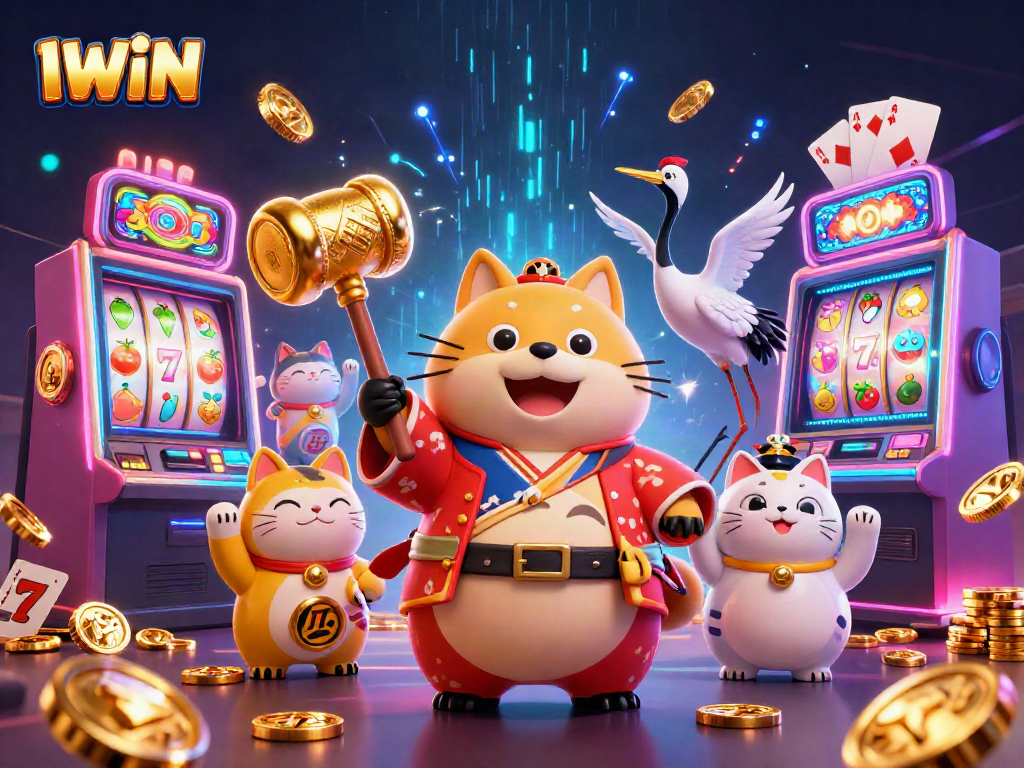 IWIN showcases a lively casino scene with cheerful characters and vibrant slot machines