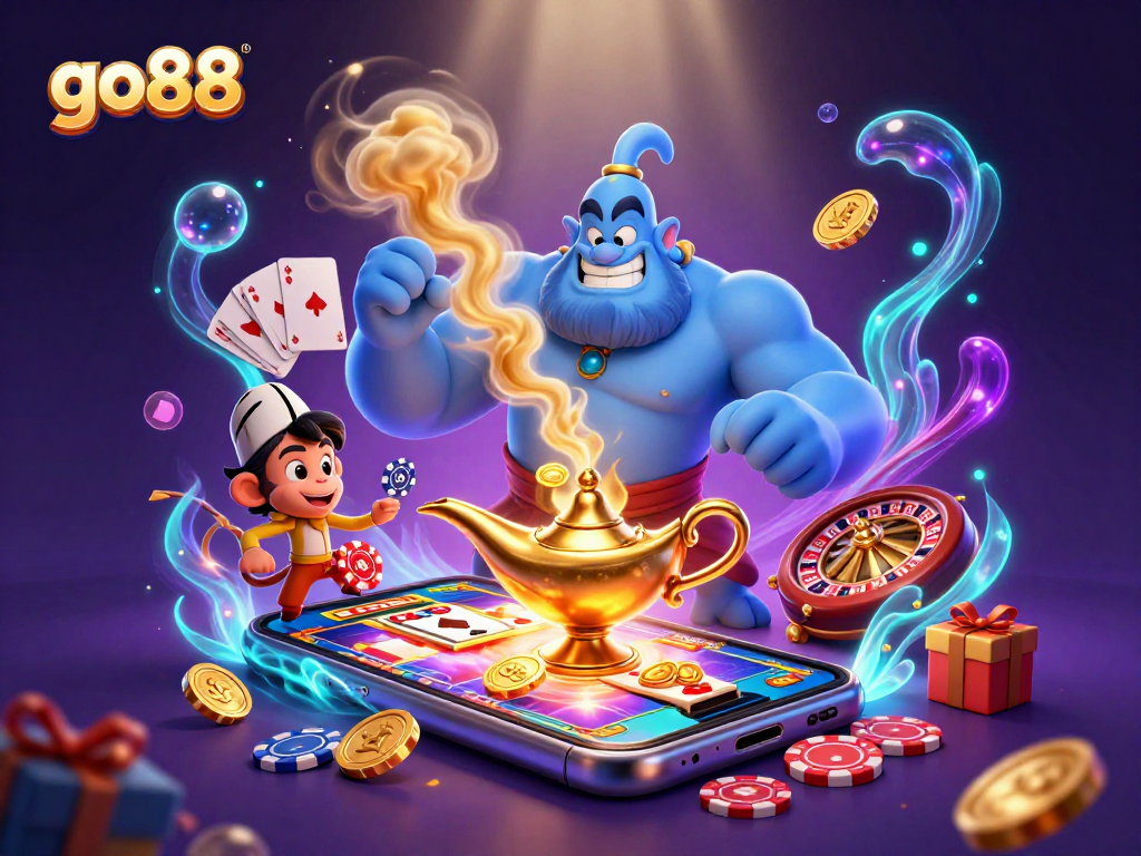 Spin the reels of go88 with a magical genie, poker chips, and vibrant casino elements