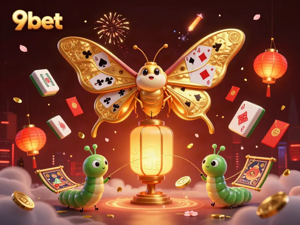 Engage in 9bet's thrilling casino experience illustrated by a vibrant digital artwork featuring a majestic moth and glowing lanterns.