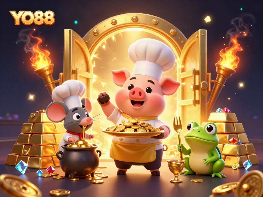 Engage with YO88's vibrant gaming world featuring gold coins, treasure, and whimsical characters.