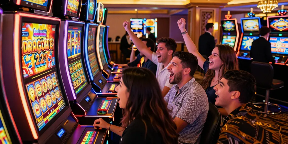 Players enjoying the DRAGON222 slot in a lively casino environment filled with excitement and bright lights.